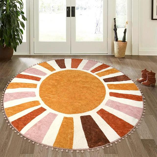LIVEBOX Retro Sun Round Rug 5.2ft, Circle Boho Rug for Entryway, Non-Slip Nursery Rug Cute Colorful Kids Rug for Bedroom, Washable Throw Area Rug Carpet for Living Room Office
