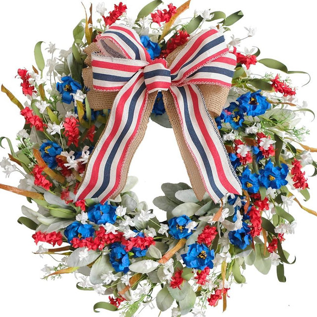 Egolot 20 Inch Patriotic Red White Blue Flowers Wreath for Front Door, Forth of July Lamb Ears Leaves Wreath for Inside and Outside, Memorial Day Independence Day Burlap Bow Home Decor