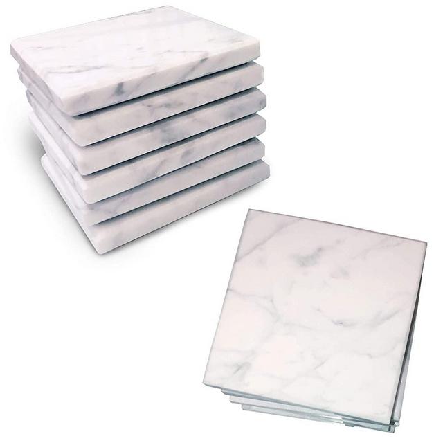 Marble Coaster 100% real marble absorbent coasters set - with felt back, protects desktops, countertops, prevents water rings, great gift for holidays, home decor, housewarming, kitchen, set of 6