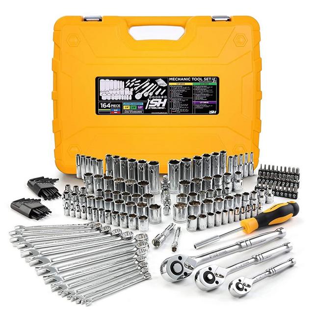 STEELHEAD 164-Piece Mechanics Tool & Socket Set (ANSI), SAE & MM, 1/4”,3/8”,1/2” 72-Tooth Ratchet, 6 & 12 Point Sockets, Combination & Hex Wrenches, 30 Screwdriver Bits, Universal Joint, Extensions