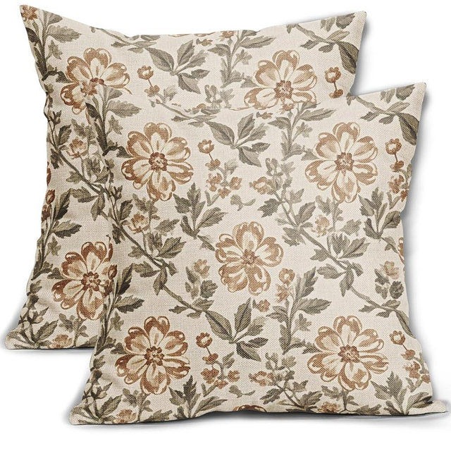 Vintage Floral Block Print Pillow Covers 16x16 Inch Set of 2, Brown Olive Green Antique Flower Pattern Decorative Throw Pillowcases Outdoor Farmhouse Cushion Covers Art Decor for Sofa Couch Bed
