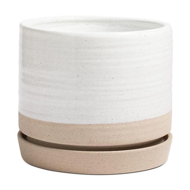 HERDUK 8 Inch Pots for Plants, Ceramic Planter Pot with Drainage Hole & Saucer, Indoor or Outdoor Cylinder Round Planter Pot, Matte White & Beige