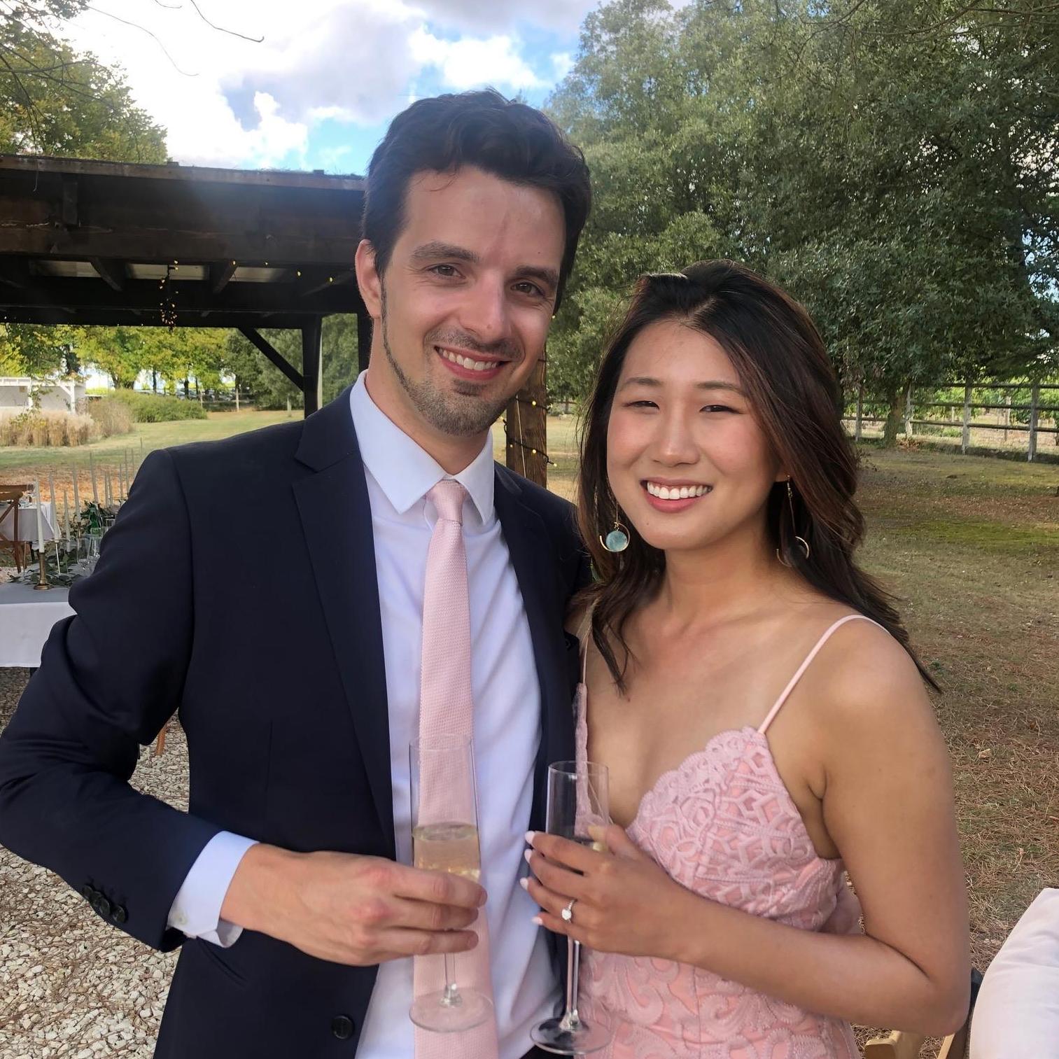 Enjoying champagne at Drew's wedding
