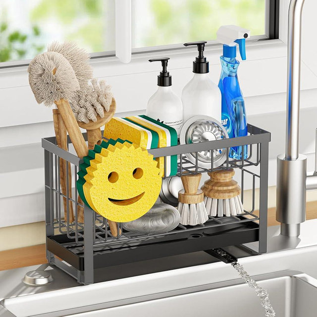 Taugast Sponge Holder for Kitchen Sink with Flexible Sponge Holder Smiley Face,2 Tier Kitchen Sink Organizer Countertop and Storage Essentials,Soap Dispenser Organize,Home Decor Accessories-Gray