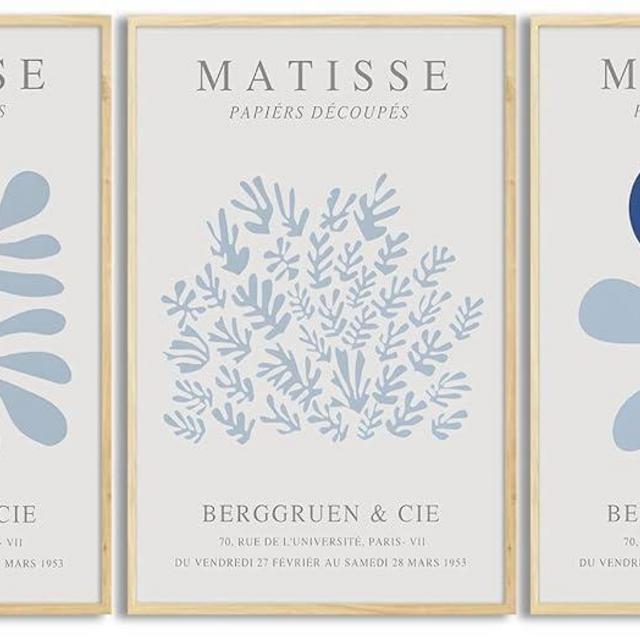 Bwodke Blue Matisse Plant Leaves Canvas Wall Art Print Poster Set of 3 Flower Market Abstract Aesthetic Minimalist Wall Decor Painting Living Room Bedroom Bathroom (Blue, 16x24in Unframed)