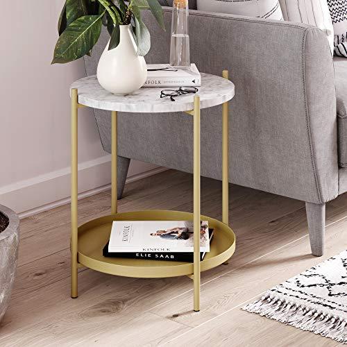 Nathan James 32301 Alexis Faux Marble Round End Side Table with Brass Metal Frame Storage, Gold