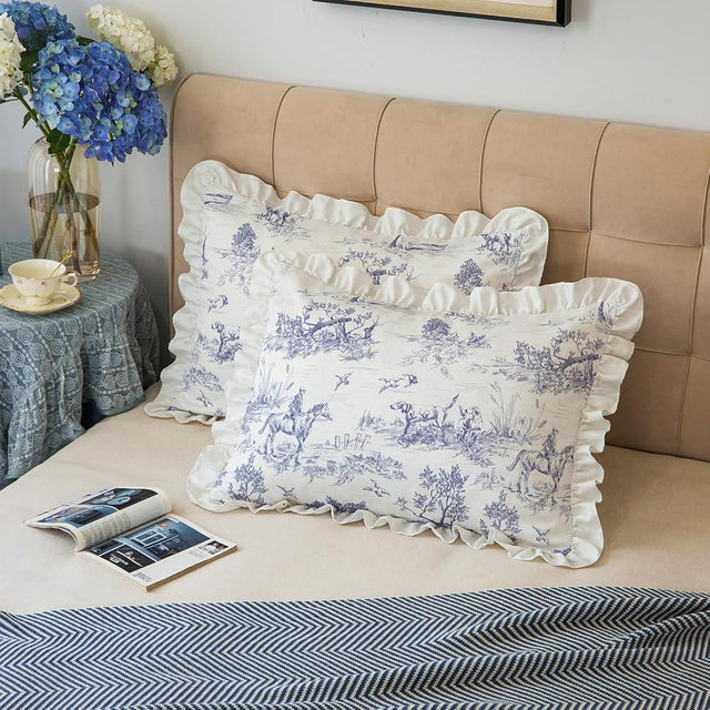 Pillow Shams Set of 2 Classic French Village Printed Linen Fabric Decorative Pillow Cases Retro Ruffle Flounces Trim for Home Bedroom Decor Pillow Covers Blue Standard 20x26 Inches