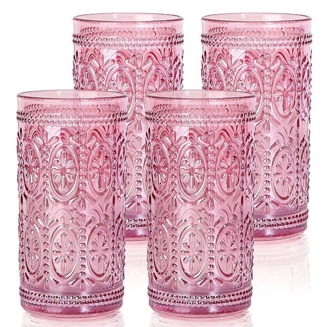 abrwyy Pink Glassware Drinking, Highball Beverage Glass Cup, Pink Glass Cups, Vintage Drinking Glasses, Colored Glassware Set for Party Wedding Home Office Gift, Set of 4