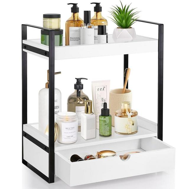 2-Tier Bathroom Organizer Countertop with Drawer, Wood Counter Shelf for Bathroom Storage, Vanity Tray for Bathroom Organization and Decor, Countertop Organizer for Bathroom, Kitchen, Office (White)