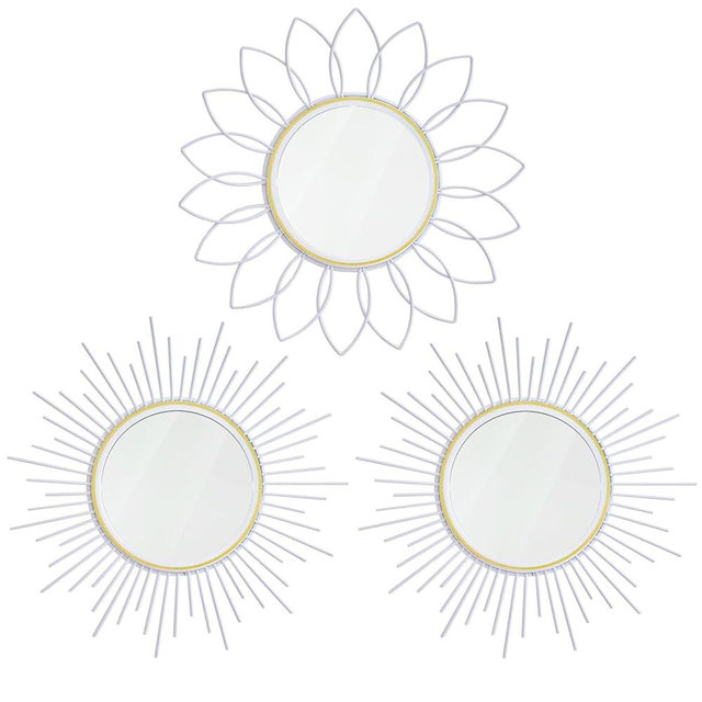 3 Pack Metal Mirrors for Wall Sunburst Wall Mirrors Home Décor Decorative Hanging Wall Art for Living Room Bedroom Entryway (White, Flower+Sunburst)