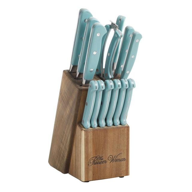 The Pioneer Woman Cowboy Rustic 14-Piece Forged Cutlery Knife Block Set, Turquoise