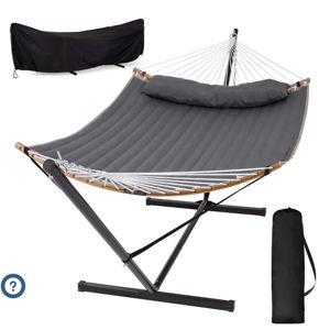 Dark Grey Double Quilted Hammock with Curved Bamboo Bar & Portable Stand + Cover |SUNCREAT