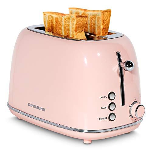 REDMOND 2 Slice Toaster Retro Stainless Steel Toaster with Bagel, Cancel, Defrost Function and 6 Bread Shade Settings Bread Toaster, Extra Wide Slot and Removable Crumb Tray, Pink, ST028