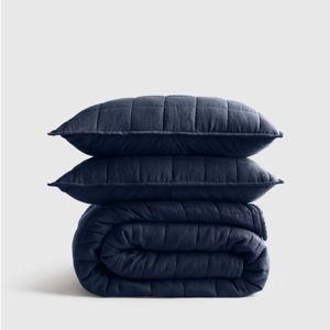 European Linen Box Quilt Set in Navy/Queen