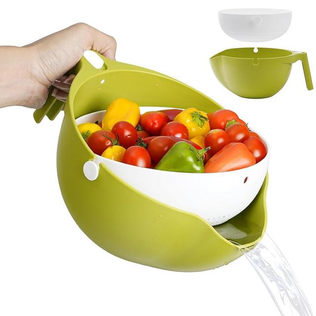 THAKI - Rotatable Colander with Wash Bowl for Fruits and Vegetables - Soak, Wash and Drain Double Layer Strainer with Bowl - Pasta, Spaghetti, Noodles, Beans Strainer with Handle (Small)