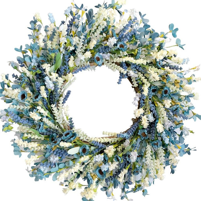 Egolot 24 Inch Summer Spring Blue Ivory Lavender Flower Wreath for Front Door, Rustic and Farmhouse Wild Flowers Wreath for Inside and Outside, Coastal Blue Flower Wreath for Home Decorating