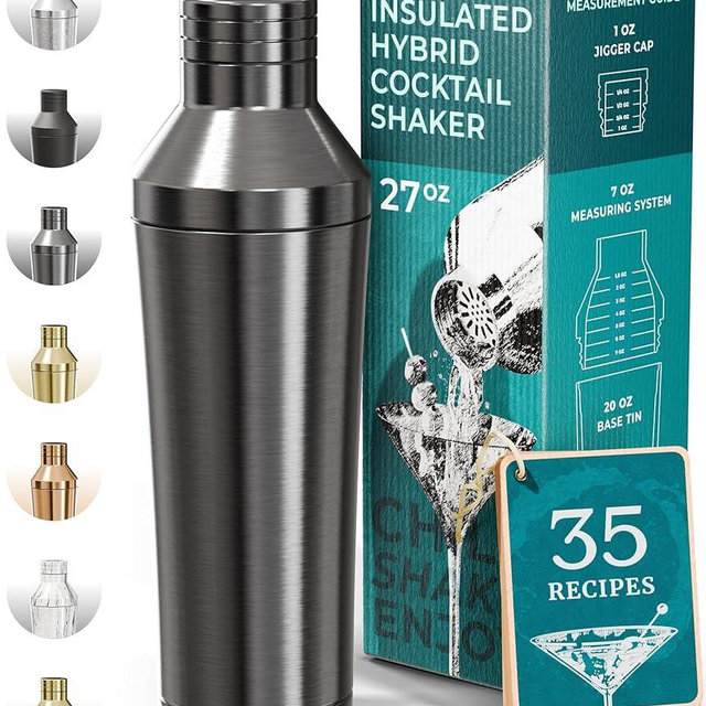 BARE BARREL Insulated Cocktail Shaker Set | Double Wall Stainless Steel | Martini Shaker for Home Bar Bartending | Built-in Drink Measure System & Strainer, Travel Bag, Recipes | Gift Set (Slate Gray)