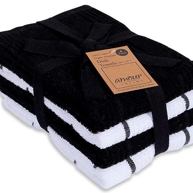AMOUR INFINI Terry Dish Towel | Set of 4 | 16 x 26 Inches | Durable, Soft and Absorbent |100% Cotton Dishtowels | Perfect for Household and Commercial Uses | Black