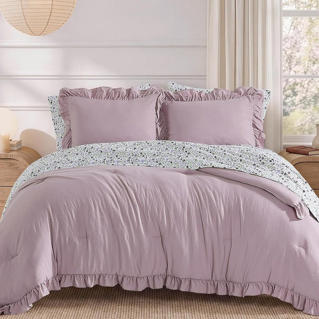 BLOOMHAVEN Queen Comforter Set - 7 Pieces Ruffle Dusty Purple Bedding Sets, Shabby Chic Farmhouse Bed in a Bag Queen with Comforter, Floral Sheets, Pillowcases & Shams