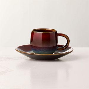 CB2 Mori Burgundy And Blue Espresso Cup And Saucer With Reactive Glaze 3oz