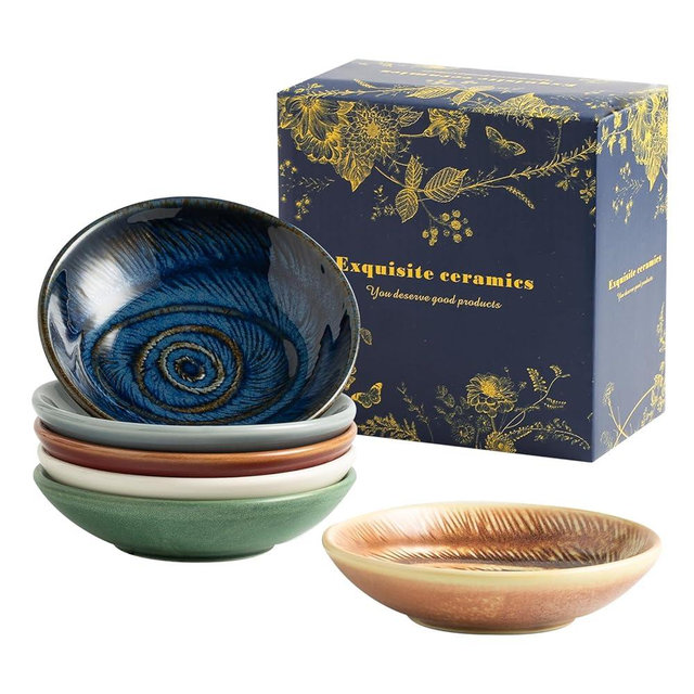 QNMUSUNC 4 Inch Soy Sauce Dish Dipping Bowls Small Ceramic Bowls for Side Dishes Sauce Cup for Condiments Snacks Ketchup BBQ Party, Set of 6 (multi-color, 4.25 * 4.25 * 0.98in)