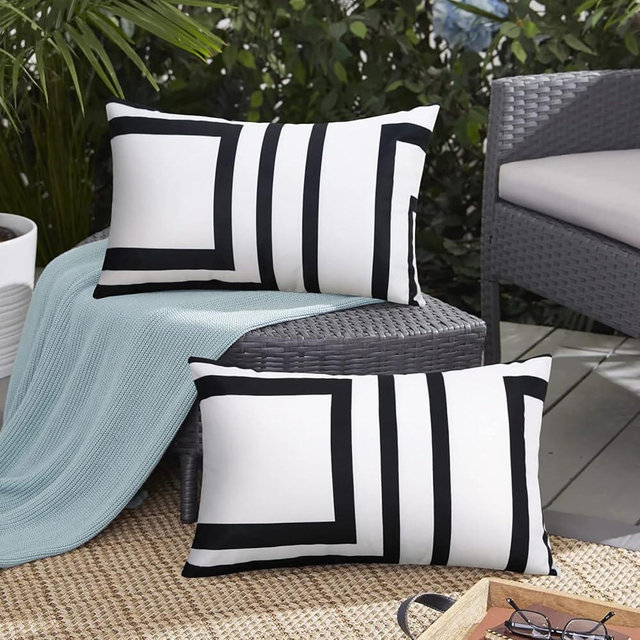 Merrycolor Set of 2 Black White Outdoor Waterproof Throw Pillow Covers 12x20 Inches Decorative Geometric Pillow Coves Outdoor Lumbar Pillows for Patio Furniture
