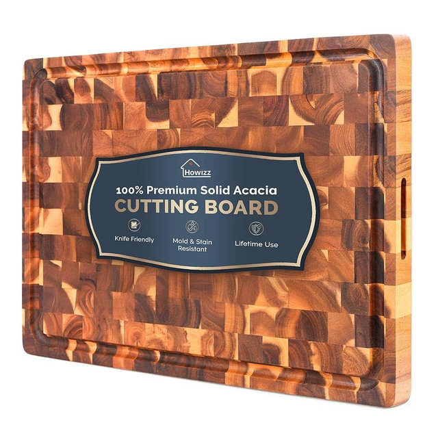Howizz Acacia Wood Large Cutting Board, Thick End Grain Solid Wood Butcher Block For Kitchen, Non Toxic Pre-Oiled Carving Tray w/Juice Grooves and Easy Grip Handle, 17"x13"x1.5" (Gift-Ready Box)