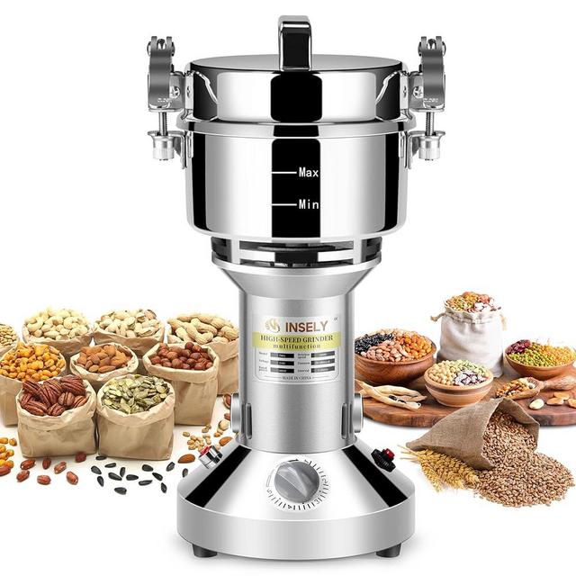 INSELY 700g Grain Mill Grinder High Speed Food Grain Mill Stainless Steel Seeds Flour Nut Pill Wheat Corn Herbs Spices & Seasonings Dry Grinder Electric Machine Grinder for Kitchen