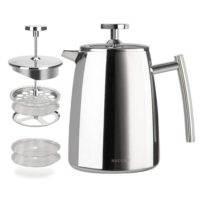 Secura French Press Coffee Maker, 17-Ounce, 18/10 Stainless Steel Insulated Coffee Press with Extra Screen