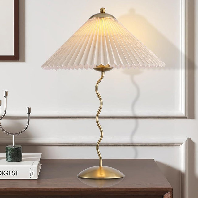 YJSQOEOE Pleated Table Lamp, S Tube Modern Table Lamp for Bedroom, Bedside Lamps with Organic Textured Linen Lampshade for Nightstand Bedroom Home Office Decor, Gold