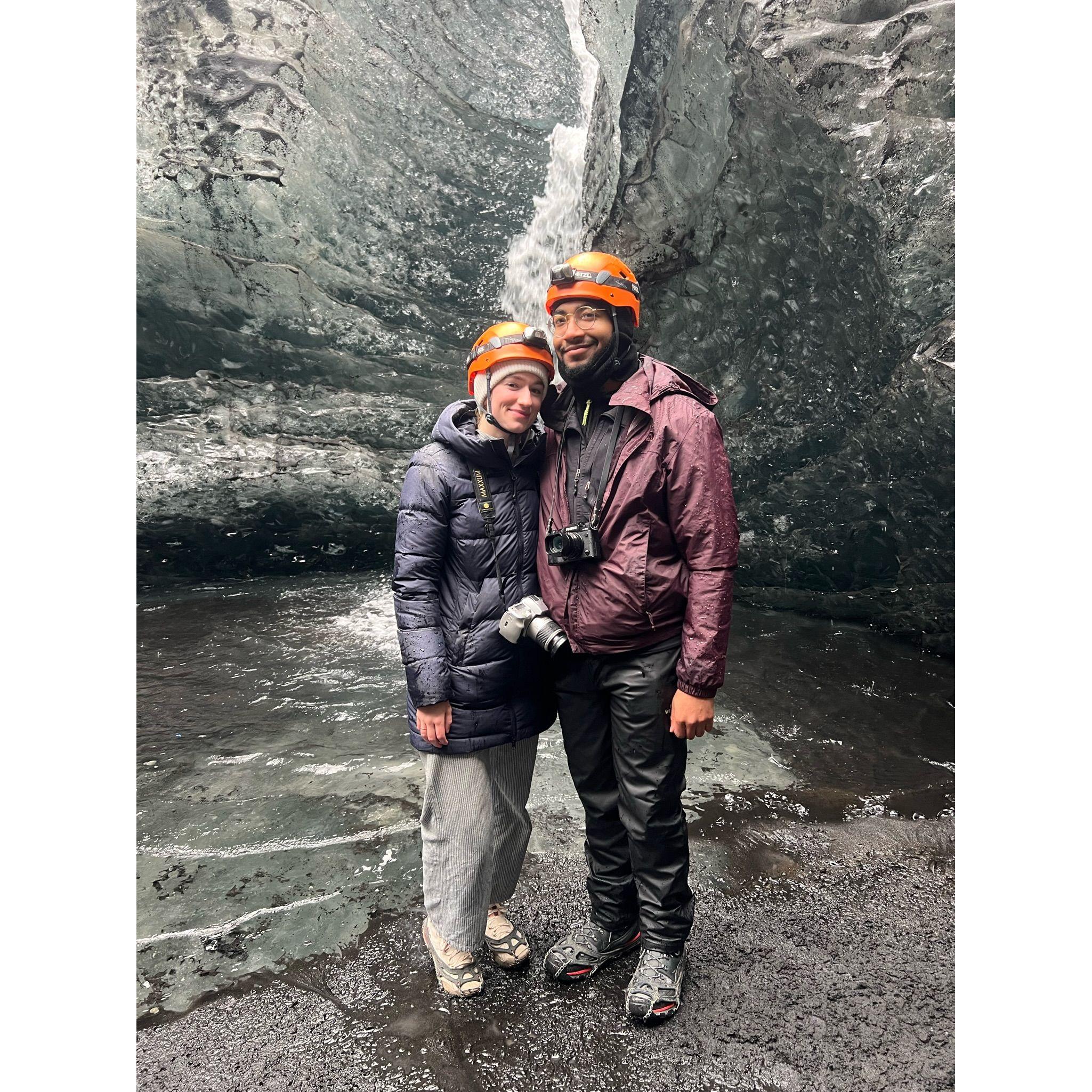 Touring through a glacier cave in Iceland