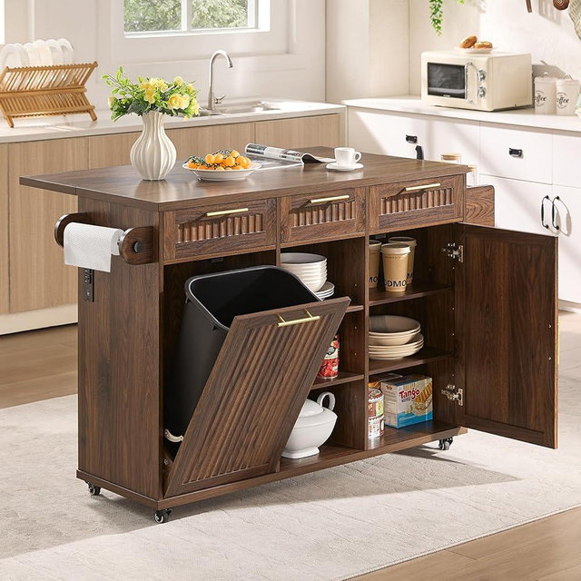 57" Kitchen Island with Storage — Kitchen Rolling Island with Trash Can Storage Cabinet, Power Outlet & Drop Leaf, Large Mobile Island Cart on Wheels with Spice & Towel Rack, Knife Holder (Walnut)