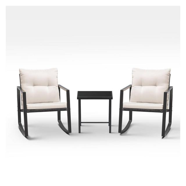 3pc Outdoor Wicker Set with Rocking Chairs & Glass Coffee Table - White - Devoko