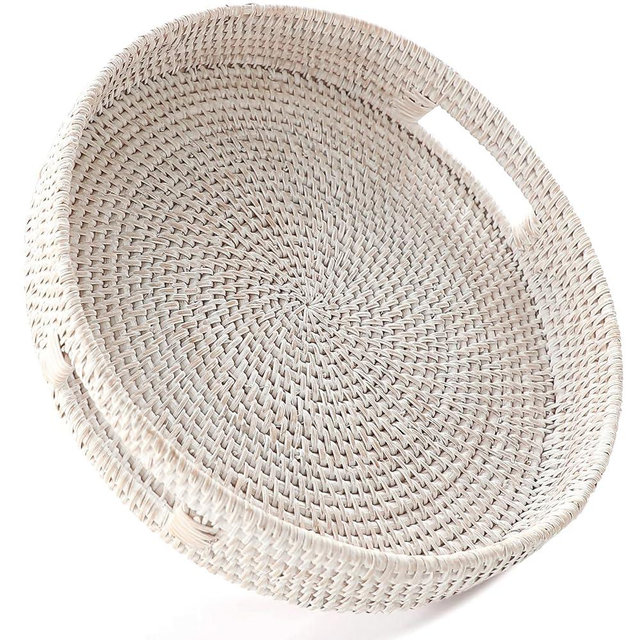 HITOMEN 14.2'' Hand-Woven Round Rattan Serving Tray Decorative Ottoman Wicker Platter with Handles for Coffee Table, Breakfast, Drinks, Snack, Bread, Fruit, Vegetables (Whitewash-L)