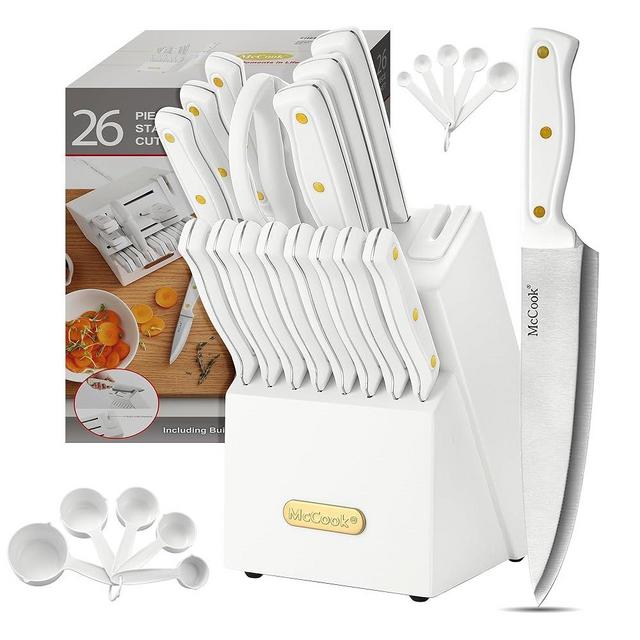 Knife Sets For Kitchen With Block, McCook MC703 Knife Set with Built-in Sharpener, 26 Pcs High Carbon Stainless Steel Kitchen Knife Sets with Block Self Sharpening, White