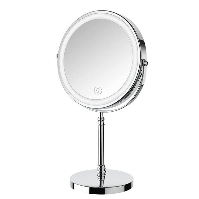 Lighted Makeup Mirror, 8" Rechargeable Double Sided Magnifying Mirror with 3 Colors, 1x/10x 360° Rotation Touch Screen Vanity Mirror, Brightness Adjustable Magnification Cosmetic Light up Mirror