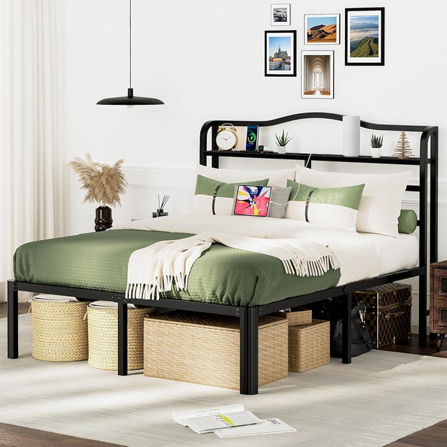 Queen Bed Frame with Headboard & Charging Station 18 Inch Tall Metal Bed Base Heavy Duty Mattress Foundation with Large Storage Space,Black Platform Bed Frames no Box Spring Needed(18 Inch, Queen)