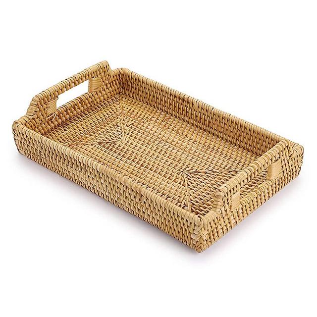 Hipiwe Rattan Serving Tray with Handles - Hand-Woven Decorative Tray for Storage Breakfast, Drinks, Snack ,Rectangular Basket Organizer Tray for Coffee Table, Home Decor (Small)