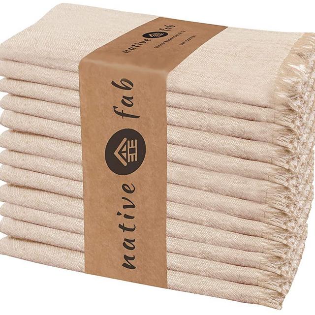 Native Fab Pre-Washed Farmhouse Cloth Dinner Napkins Set of 12 Cotton 18x18 Absorbent Ultra Soft Eco Friendly, Cocktail Napkins, Everyday Easy Care Washable Wedding Dinner Napkins Beige Natural