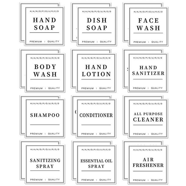 24 PCS White Waterproof Labels for Bottles, Shampoo and Conditioner Dispenser Label Stickers, Bathroom Hand Soap Label Stickers,Removable Cleaning Labels for Glass/Plastic Spray Bottle