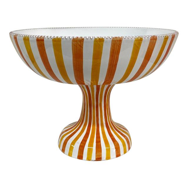 Large ceramic fruit bowl stand - yellow and orange stripe, Puglia, Italy