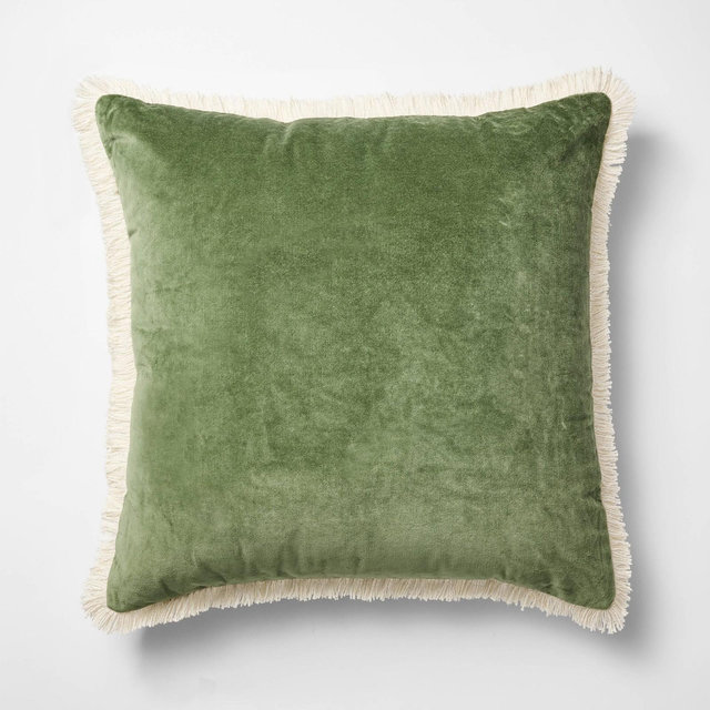 Oversized Square Solid Velvet Pillow w/ Fringe Army Green - Threshold™ Designed with Studio McGee