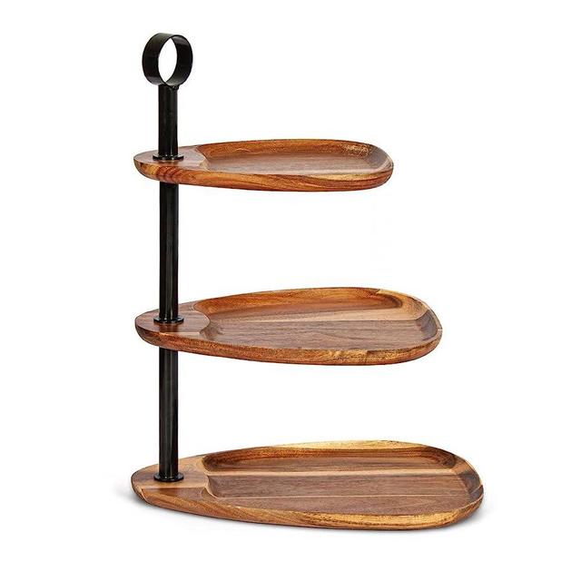 KITEISCAT 3 Tier Serving Tray- Elegant 3 Tiered Serving Tray with Metal Handle for Kitchen Island, Countertop, Coffee Table & More- Durable Decorative Standing Wooden Serving Trays for Parties