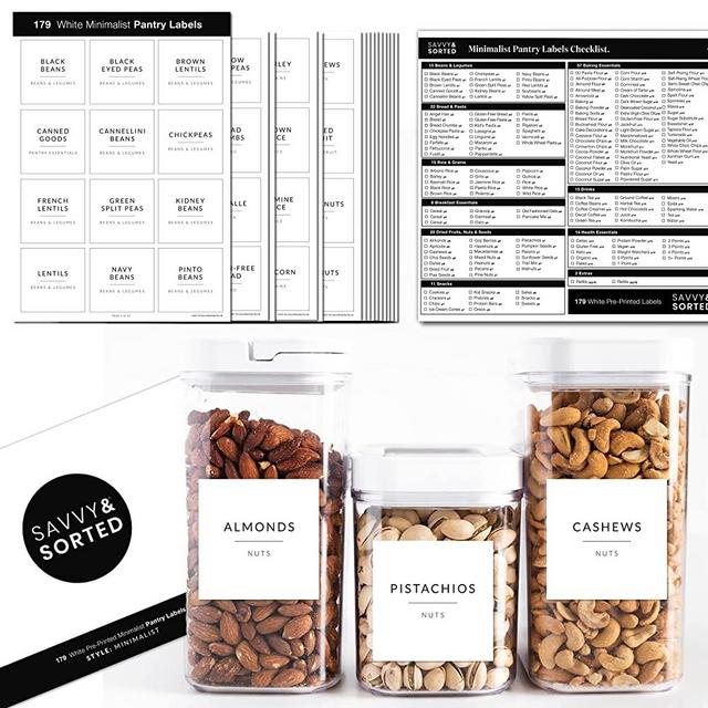 179 Kitchen Pantry Labels for Food Containers | Minimalist Food Labels for Jars | Kitchen Labels for Storage Bins | Black Text on White Jar Labels Stickers | Pantry Labels for Containers Preprinted