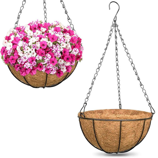 ZeeDix 12 Inch Hanging Baskets for Plants, 2 Pack Metal Round Hanging Planter with Coconut Liners Replacement, Hanging Flower Pots for Outdoor Indoor Plants Flowers Vegetables