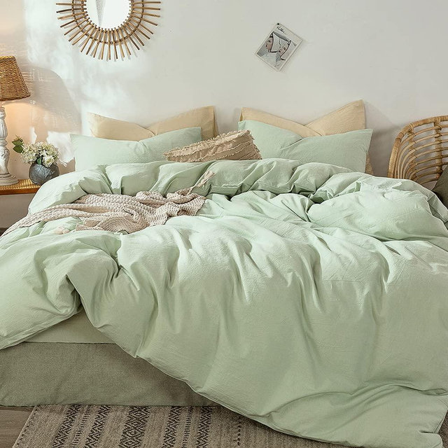 MooMee Bedding Duvet Cover Set 100% Washed Cotton Linen Like Textured Breathable Durable Soft Comfy (Seaglass Green, Queen)