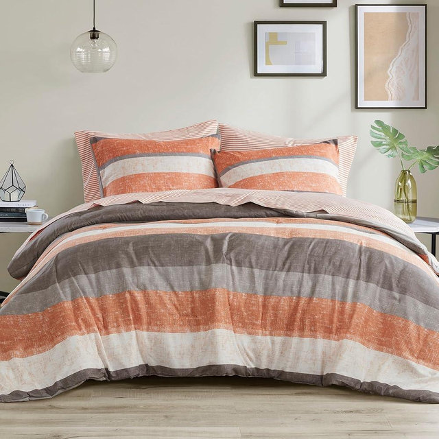 Madison Park Jaxon Full Comforter Set, Bed in A Bag Comforter & Sheet Set, Modern Casual Stripes Print, All Seasons, Soft Bedding Makeover, Matching Sham, Full Coral/Grey 7 Piece