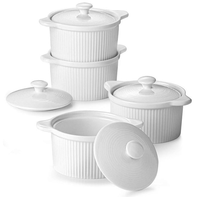 DOWAN 10 oz Ramekins with Lids Oven Safe, Porcelain White Ramekins for Creme Brulee, Souffle Dish, Stackable Ramekins with Cover and Handle for Baking, Set of 4, White