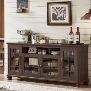 Large Sideboard Buffet Cabinet with Storage, Vintage Walnut Farmhouse 60" Wide Credenza Accent Cabinets with Glass Doors & Wood Legs, Kitchen Coffee Bar Table for Dining Room, Living Room