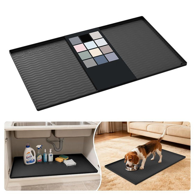 URMONA Waterproof Silicone Under Sink Mat 37'' x 22'' Shelf Liner for Kitchen and Bathroom, Cabinet and Counter Protector, Storage and Organizers, Litter Mat, Pet Cat Puppy Essentials(Black)